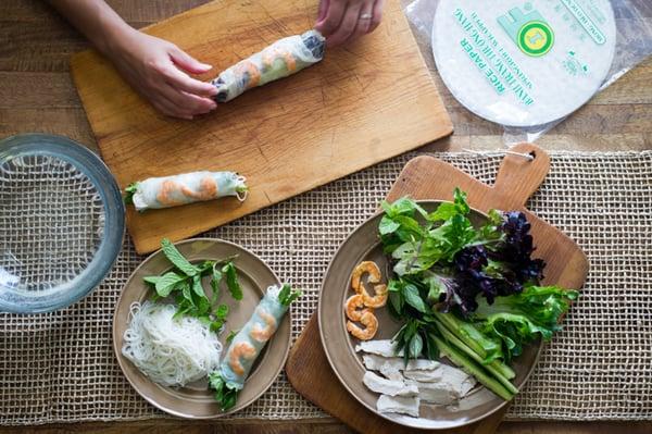 Vietnamese spring rolls are made with fresh herbs, shrimp, and pork.