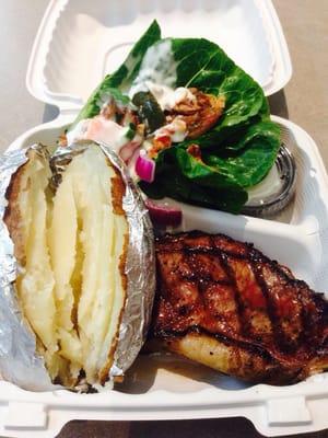 Medium NY strip, baked potato, and wedge salad with applewood smoked bacon and Gouda cheese.