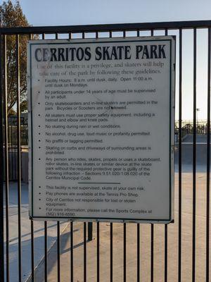 Cerritos Skate Park guidelines