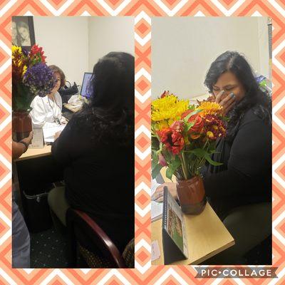 We surprised our office manager with flowers and lunch. We got her good