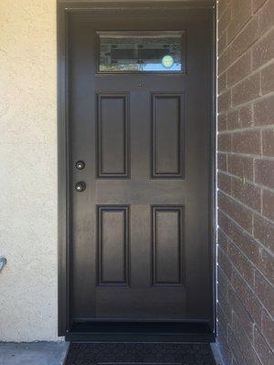 Masonite fiberglass entry door, mahogany grain, stain finished, Corona, CA