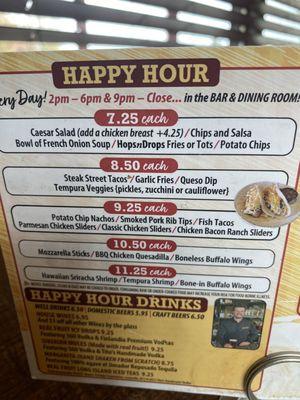 Happy hour tacos and menu