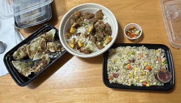 Dumpling In chili sauce, mango chicken over rice, and Yangzhou fried rice