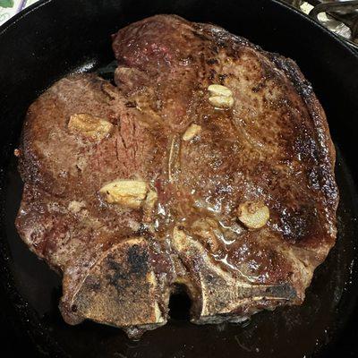 3.5 lb T-Bone in the cast iron pan