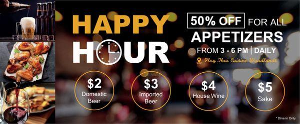 Happy Hour 3-6 PM daily | 50% off all appetizers | $2 Domestic Beer | $3 Imported Beer | $4 House Wine | $5 Sake