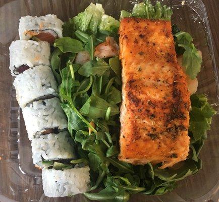 Large filet of lghtly cooked roasted salmon, tuna-avocado rolls, shrimp and fresh arugula, all for about $11.00.