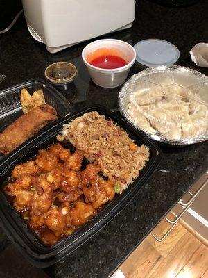 H5. General Tso's Chicken with 8. Pork Dumpling and  2. Pork Egg Roll