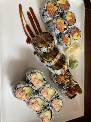 Top to bottom: Salmon mango, oyster tempura and lobster salad with mango.