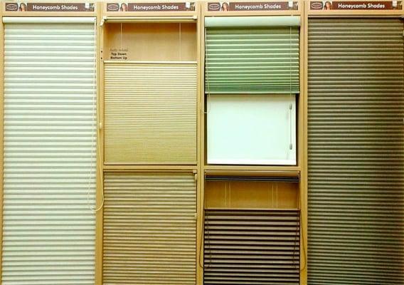 We have a variety of honeycomb shades to choose from with every type of function you can think of.  Come try out the displays today!