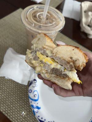 Sausage, Egg & Cheese on Cheddar Bagel