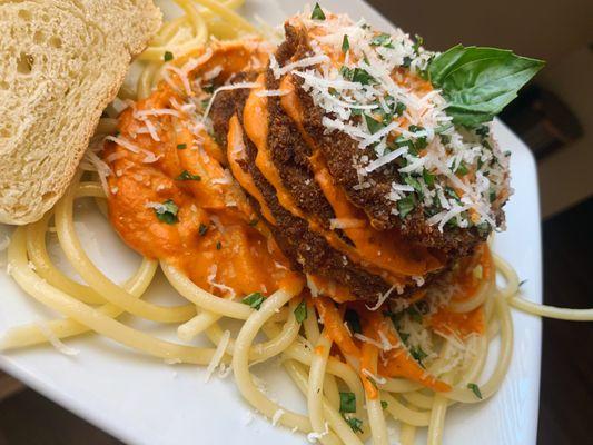 Angelinas bread, pasta and eggplant