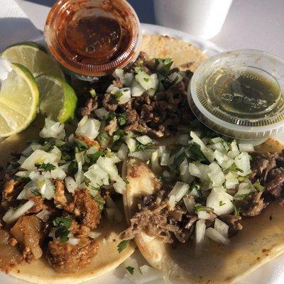 Tacos de pancita, barbacoa and asada, and a cup of their bomb consomé. Everything was delicious, especially the pancita and consomé!