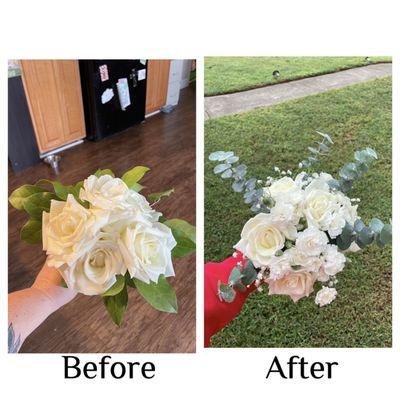 Before is what I was sent home with from the florist for $65. After is my creation.