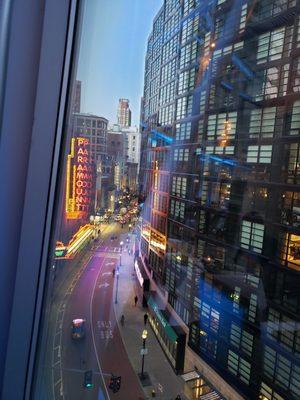 View of Paramount theater sign and Washington St.