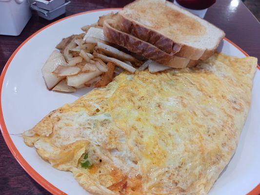 Veggie omelet with fried potatoes and toast.