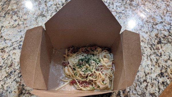 Small pasta for $28, doesn't even fill the to-go box