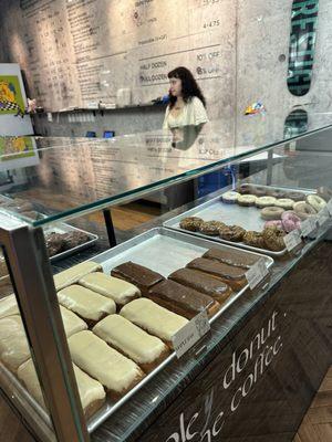 Homemade assortment of their specialty donuts and breakfast and coffee. Great seating and lots of windows to look out.