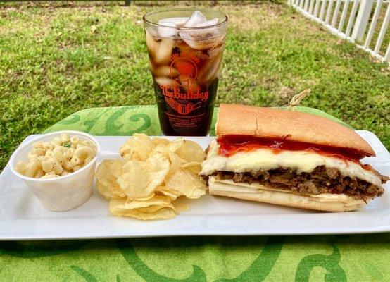 Philly Cheesesteak, a side of macaroni salad & a Diet Coke (added on some chips for a salty snack)