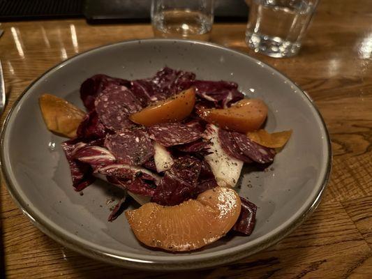 Tardivo with persimmon and pickled plumcot, with elk salami