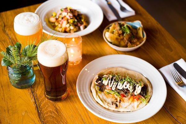 Vegan Shawarma- Spiced mushrooms, roasted garlic aioli, roasted red peppers, za'atar onions, frisee, flatbread.