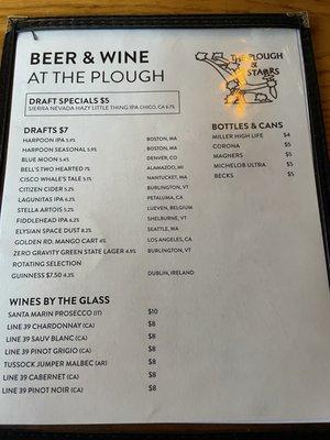 Drinks menu