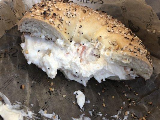 Lox are mushed into creamed cheese and not in slices. Bagel also not very soft.