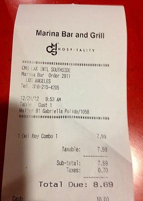 Receipt - Marina Bar and Grill - LAX - Los Angeles