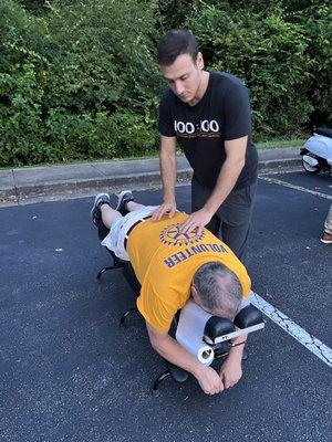 Adjusting patients at Dog Days Run.