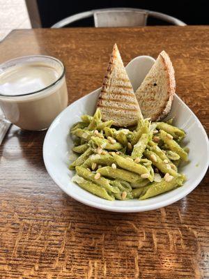 Penne and vanilla latte