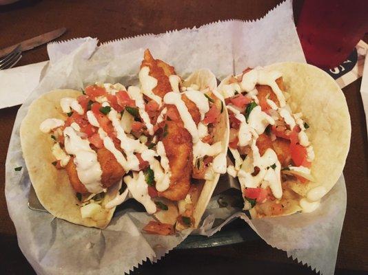 Baja fish tacos with Baja sauce, fried grouper, and pico de gallo, in flour tortillas! Yum!