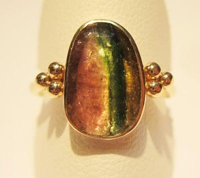 Watermelon tourmaline set in 14k gold.  Handmade by Emily Amey.