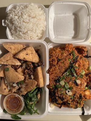 Tofu Salt/Pepper (L) & Kimchi Fried Rice w/o egg + protein (tofu).