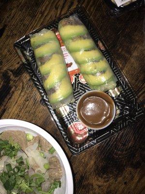 A3. Grilled Beef and Avacado Roll spring roll. Not pictured, C5. Pho Town Special. Delivery order.