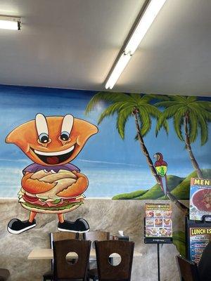 Interior seating mural! It's the nice torta crab guy!