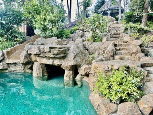 Slide, waterfall, water steps