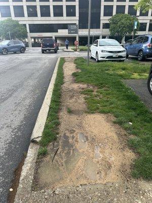 You either walk in the street of the busy, bustling parking lot, or you walk in the dirt and mud. Come on Kresge Way Baptist Health!