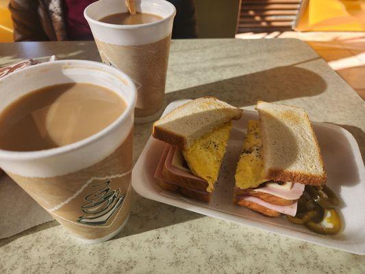 Ham, egg, sandwich with coffee