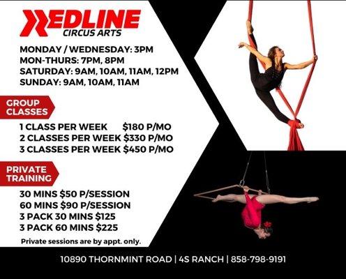 Schedule of circus classes and pricing. Private lessons are 100% worth the price!