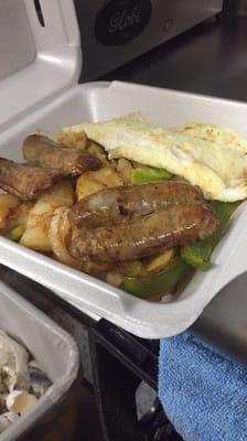 Kew Deli's Big Breakfast: 2 eggs any style, choice of meat (Italian Sausages in photo),  Homefries, and Toast $6.00