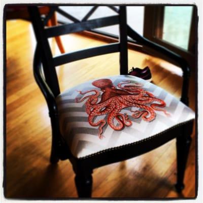 Finished Project. Custom fabric from Spoonflower with great upholstry nails and my freshly painted black chair