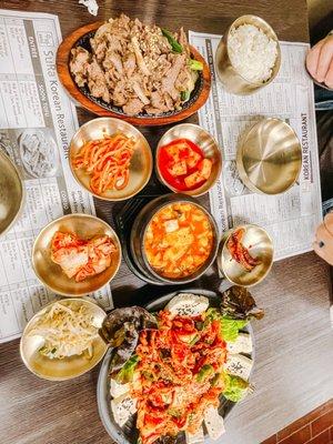 Beef bulgogi, soon tofu, samgyeopsal-kimchi-bokkeum