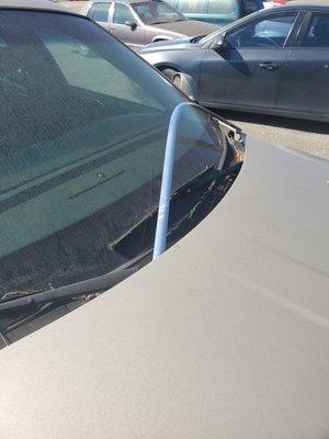 This is the Chrome strip from the back bumper. That they decided to put on the front of my windshield after they cracked it.