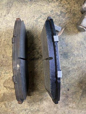 Current brake pad on left, brand new brake pad on right