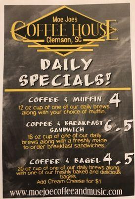 Moe Joe is always offering daily specials! Save money where you can while enjoying freshly roasted coffee and delicious bakery items!