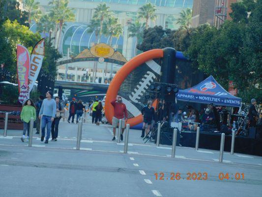 The big football that welcomed the many that came to the even many using the trolley and the busses.