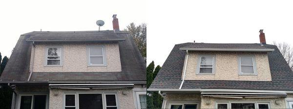 Before and after! Ripped out the old cedar, added plywood, drip edges, underlayment, flashing, shingles, and gutters!