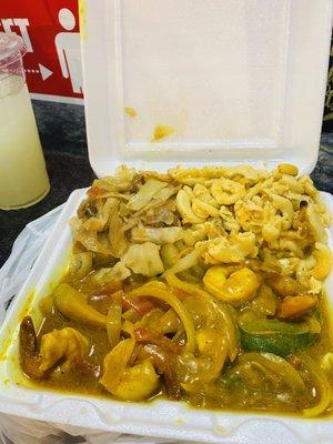 Curried shrimp w/Cabbage & Mac & cheese