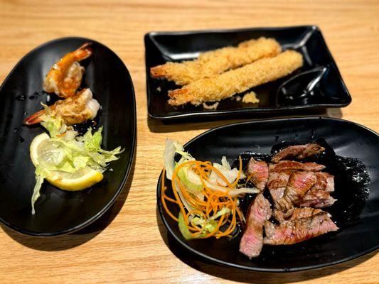 Teriyaki shrimp,  Shrimp tempura,  Teriyaki steak