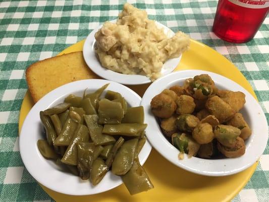 Green beans, fried okra, chicken & dumplings, and cornbread.