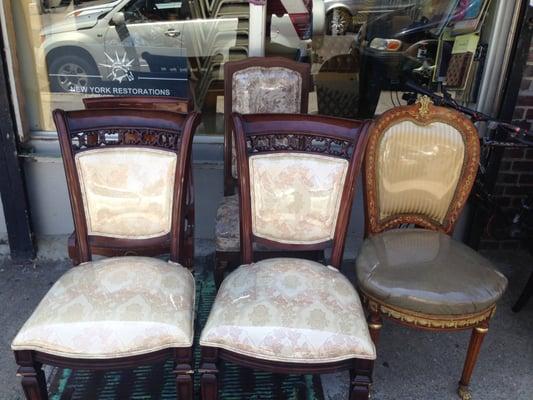 Upholstery: New Reupholstery, vinyl covers, and refinish to these fine dining room chairs.